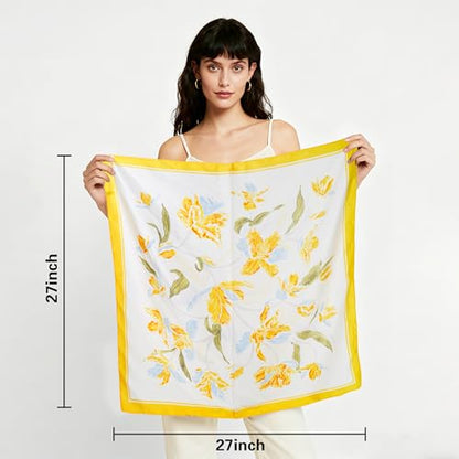 27" Head Scarf Like Satin Silk for Women,Hair Scarves Bandana,Headband Silk Feeling for Hair Wrap - color: Yellow White+dark Blue White
