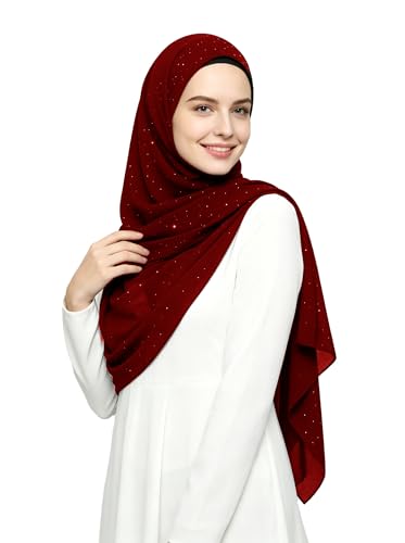 Lina & Lily Sparkle Shimmer Gold Glitter Women's Chiffon Hijab Head Scarf Shawl Wrap Lightweight - color: Dark Red