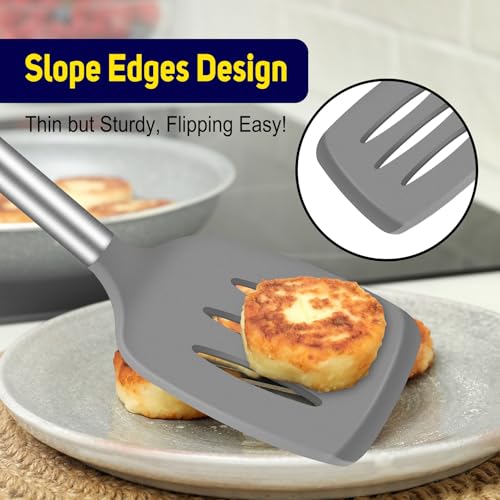 HOTEC Silicone Spatula Set of 2 Heat-Resistant 600°F & BPA-Free Kitchen SaptulaTurner with Stainless Steel Handles, Slotted & Solid Spatulas for Nonstick Cookware, 13.7 Inch, Grey - color: Gray