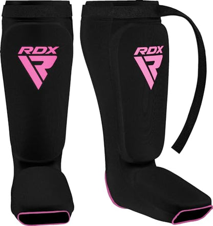 RDX Shin Guards Kickboxing Muay Thai, SATRA Approved, MMA Leg Instep Protection Pads, Sparring Training Martial Arts Boxing, Elasticated Padded Protector, Karate BJJ Taekwondo Gear, Men Women - color: Black Pink, size: Medium