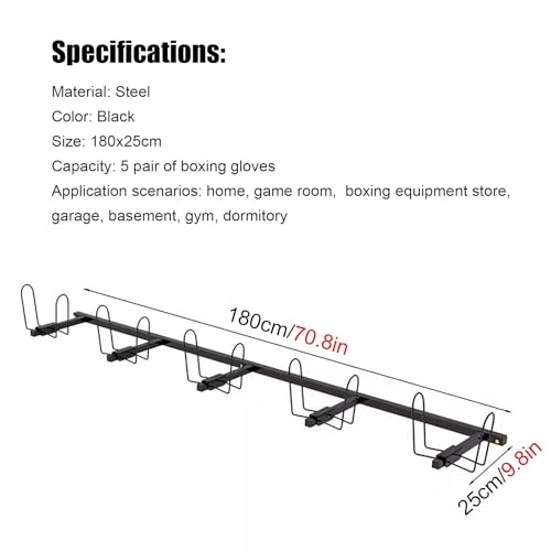 WDJBPSH Wall Mounted Display Boxing Glove Holder, Black Powder Coated Storage Rack with Metal Hook, Hold 2/3 / 4/5 Pair of Training Gloves Dryer - size: 180cm/70.8in long