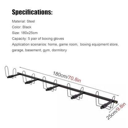 Wall Mounted Display Boxing Glove Holder, Black Powder Coated Storage Rack with Metal Hook, Hold 2/3 / 4/5 Pair of Training Gloves Dryer,180cm/70.8in Long - size: 180cm/70.8in long