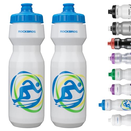 ROCKBROS Bike Water Bottle 20oz-25oz Squeeze Cycling Water Bottle BPA Free Leak Proof Sports Water Bottle with Dust Cover for Bicycle Running Gym Outdoor - color: 25oz White Blue, style: 2 Pack