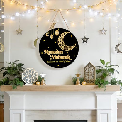 Ramadan Decoration Wooden Ramadan Mubarak Wreath for Front Door Sign Eid Mubarak Wreath Hanging for Islamic Home Wall Decor Eid Decorations