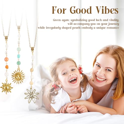 3 Pack Sun Rear View Mirror Hanging Accessories, Hanging Sun Charm with Healing Crystal, Boho Car Charms, Healing Mirror Decor Cute Accessories for Women (Retro)