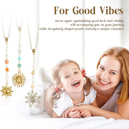 3 Pack Sun Rear View Mirror Hanging Accessories, Hanging Sun Charm with Healing Crystal, Boho Car Charms, Healing Mirror Decor Cute Accessories for Women (Retro)