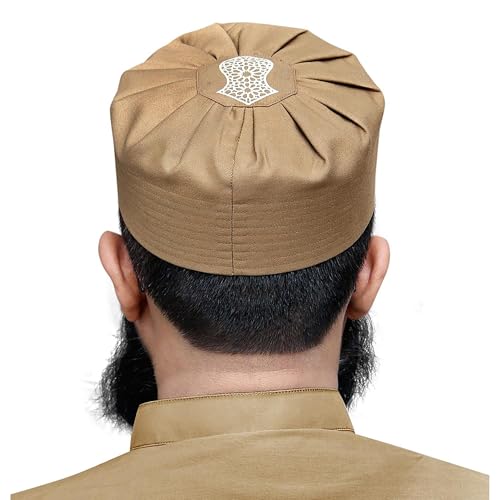 Men's Premium Islamic Embroidered Sandal Soft Kufi Skull Cap Hat Topi Takke for Muslim Men Turban - color: Gold, size: Large