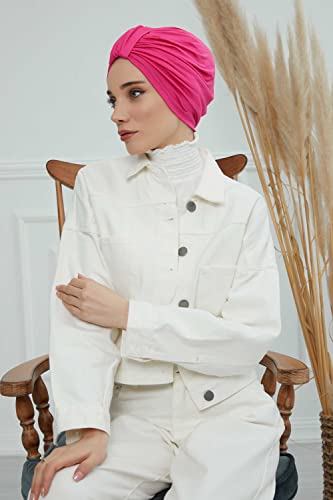Aisha's Design Instant Turban Plain Cotton Scarf Head Wrap Lightweight Hat Bonnet Cap for Women - color: Fuchsia