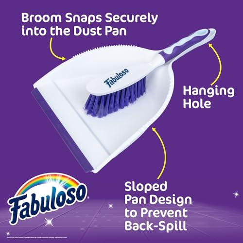 Fabuloso Brush and Dustpan Set, White and Purple | Snap-together storage, hanging hole for wall mount, quick sweeps for tile and hardwood floors - size: Brush & Dustpan
