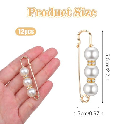 12 Pcs Pearl Brooch Pins 6 Styles Safety Pin for Women Girls Pant Waist Tightener Pins for Clothes Sweater Shawl Clips Pearl Rhinestones Brooches for Clothing Dress Scarves Cardigan Collar Jackets