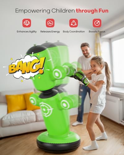 QPAU 360° Rotatable Punching Bag for Kids, Lager 64” Kids Punching Bag with Gloves, Hand Pump & 6 Targets, Bop Bag Inflatable Punching Toy, Karate Gifts for Boys, Girls - color: Green