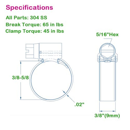 Non-Slip Stainless Steel Worm Gear Hose Clamps 3/8 to 5/8"(10-16mm) | SAE Size 4, 5/16"Hex Head, Soft Hose Protection, Adjustable for Automotive, Fuel Line, Garden, Heater, Radiator, 12Pack - size: SAE#4(3/8 To 5/8)