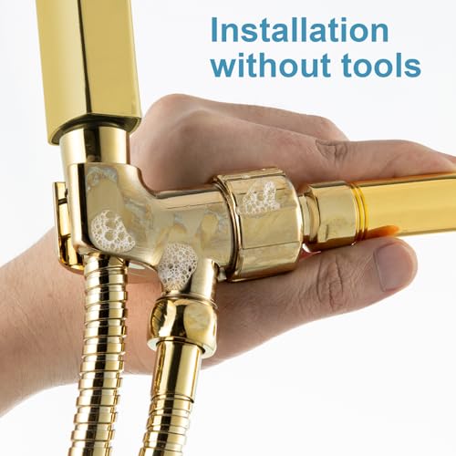 OFFO Shower Head Holder with Solid Metal Ball for Handheld Shower Head Gold, Adjustable Shower Arm Mount for Connecting Shower Arm and Shower Hose, 1/2 in IPS Female Inlet and Male Outlet - style: Gold