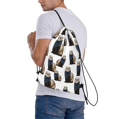 Polyester Drawstring Backpack Cute Funny Ferret White, Breathable Gym Sack for Soccer Basketball and Ball Sports - color: Pattern (366)