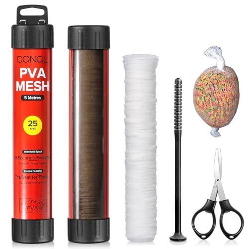 DONQL 5M PVA Mesh Carp Fishing 45" PVA Bags PVA Mesh Bags for Carp Fishing | Fast Water Soluble Mesh Bags, Scissors, Plunger, PVA Bags Carp Fishing Refill Stocking for Boilie Rig Pellets Bags Holder - size: 25mm