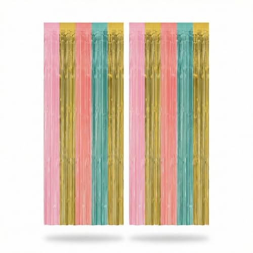 2 Pack Pastel Metallic Door Curtain Decoration 3ft x 8ft Each – Striped Tinsel Fringe Streamer Curtain, Shiny Photo Booth Background for Birthday, Baby Shower, Bridal Shower, Spring Party Decor - color: Pastel