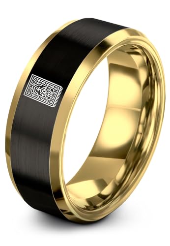 Gift for Muslim Devotee - Prayer Rug Pattern Ring - Black Yellow Rose Gold - Band - Anniversary Wedding - Personalized Custom Engraving - Flat Dome Bevel - 8mm - Men Women - Tungsten Carbide - color: 14 - Yellow Gold Black Tungsten