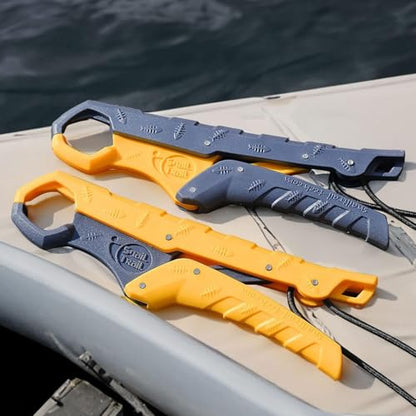 7.5'' Floating Fish Gripper, Fishing Grabber | Catfish Mouth Pliers, Caught Bass Holder, Fish Scale Hook Clamp, Saltwater Lip Grip Tool with Lanyard, Gifts for Men - color: Yellow-gray