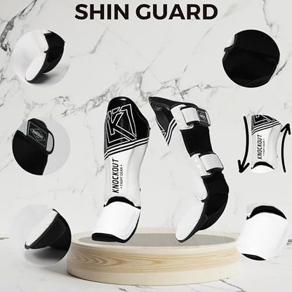 Muay Thai Shin Guards MMA Martial Arts -Padded, Adjustable Leg Guards with Instep Protection for Training and Sparring Gear Kickboxing Equipment – Durable, Professional - color: Black/White, size: Small-Medium