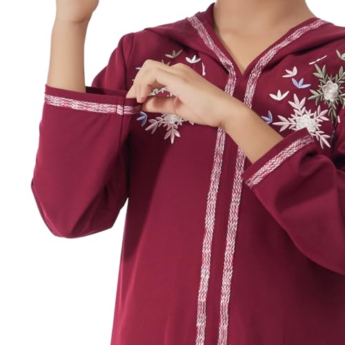 Kids Girls Abaya Muslim Eid Dress Gold Embroidered Lace Hooded Maxi Kaftan Robe Islamic Dubai Prayer Clothes - color: B-red, size: 10 Years