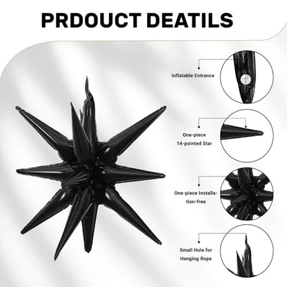 6 Pcs White Black Star Foil Balloons One-Piece 14-Pointed Star Balloon 4D Starburst Cone Mylar Balloon 22inch Christmas Birthday Wedding Wedding Anniversary Party Supplies (White + Black) - color: 22 Inches White + Black