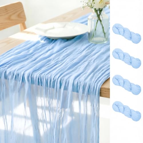 LINXTAR Light Blue Cheesecloth Table Runner 4 Pack 120 Inches 10Ft Gauze Summer Boho Table Runner for Wedding Tea Party Baby Shower Bridal Birthday Home Decoration - color: Baby Blue, size: 10ft 4Pack
