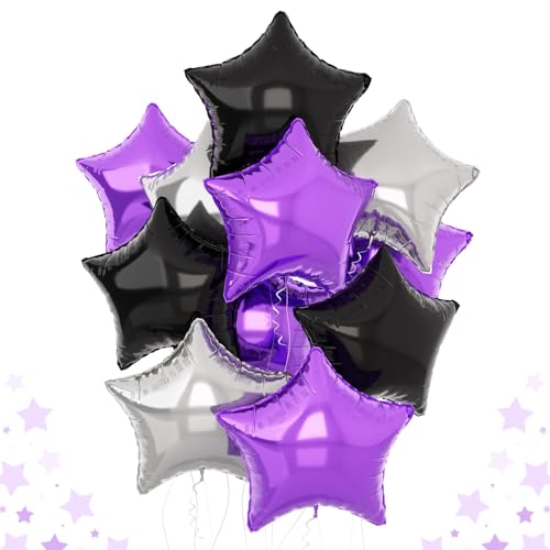Purple Black Star Balloons 18Inch Lavender Purple Silver and Black Pentagram Foil Balloon 12Pcs Violet Stars Shape Foil Helium Balloon for Girls Women Birthday Graduation Halloween Cartoon Party Decor - color: Purple Black Silver