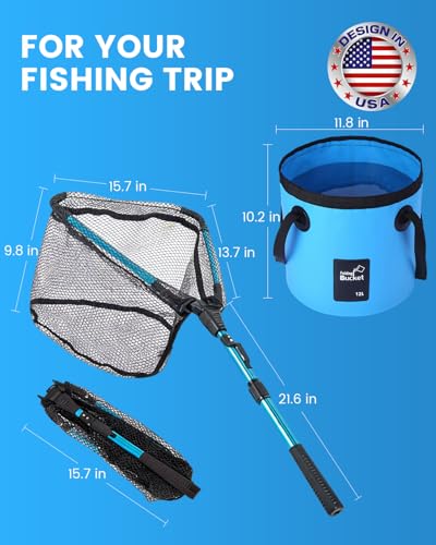 Telescoping Fishing Net with Handle, Extendable & Foldable Fishing Landing Net with Telescopic Pole for Kayak, Bass, Trout in Pond Lake River, Durable Nylon Mesh - Fishing Gear Gift for Men Women