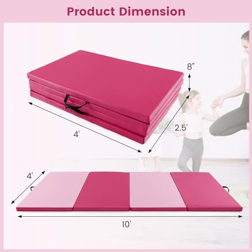 Goplus Folding Gymnastics Mat, 10’ x 4’ x 2’’ Thick Tumbling Mats with PU Leather, Hook & Loop Fasteners, Portable Handles, 4-Panel Exercise Mat for Home Gym Workouts, Yoga - color: Rose+Pink