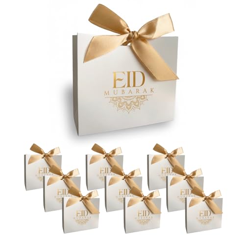 All Things Salam. Premium Eid Mubarak Gift Bags | White Favor Bags with Gold Foil Design | Ribbons Included | Traditional Luxe Style (Set of 10)