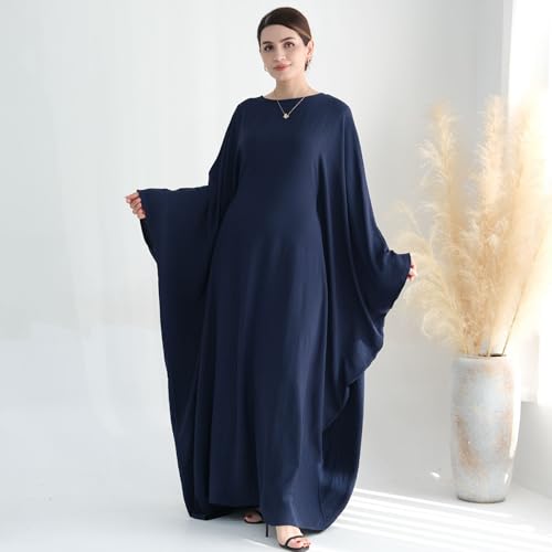 Women Muslim Abaya Dress 1Piece Bat Sleeve Islamic Maxi Robe Fashion Jilbab for Women Eid Kaftan Muslim Robe - color: Navya, size: Medium