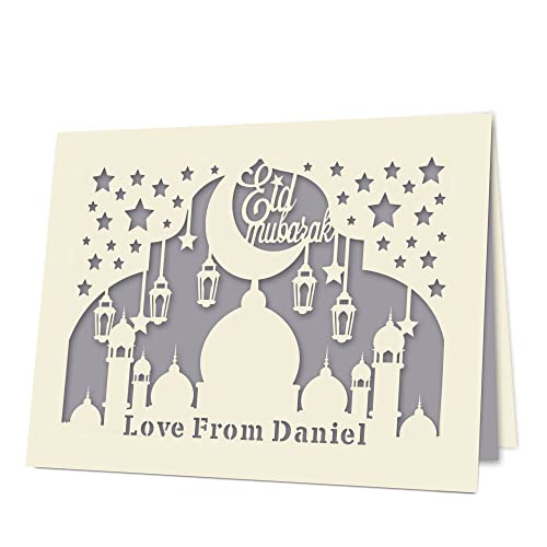 EDSG Personalized Eid Cards Custom Eid Mubarak Card Personalized Ramadan Gifts Eid Mubarak Decorations Ramadan Mubarak Decorations Ramadan Decoration for Her Him Boy Girl with Envelope (Gray) - color: Gray