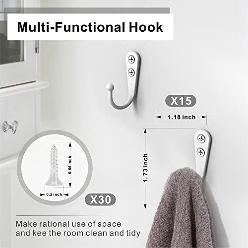 15-Pack White Wall Mount Hooks for Hanging Coats & Towels | Screw-in Hangers with 30 Screws for Keys, Robes, Scarves, Bags, Caps & Mugs - color: 15PCS White Hooks