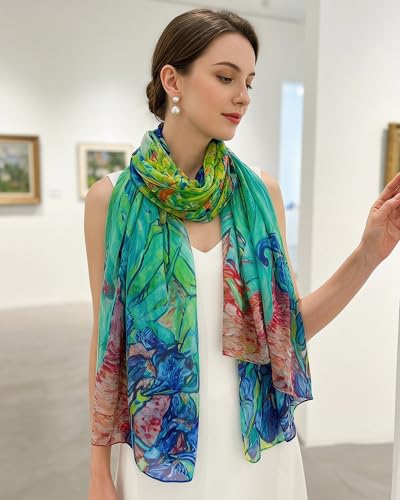 100% Mulberry Silk Scarf for Women, 69'' x 43'' Lightweight Large Silk Chiffon Shawl Wraps Floral Neck Scarf Gift - color: Green Irises -Van Gogh Oil Painting