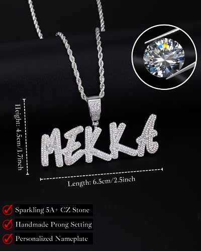 Lulu Mel Iced Out Personalized Cursive Name Necklace For Trendy Women, Custom Handmade Nameplate Pendant With Cuban Link Chain, White Gold Plated Hip Hop CZ Diamond Jewelry Gifts - color: Silver