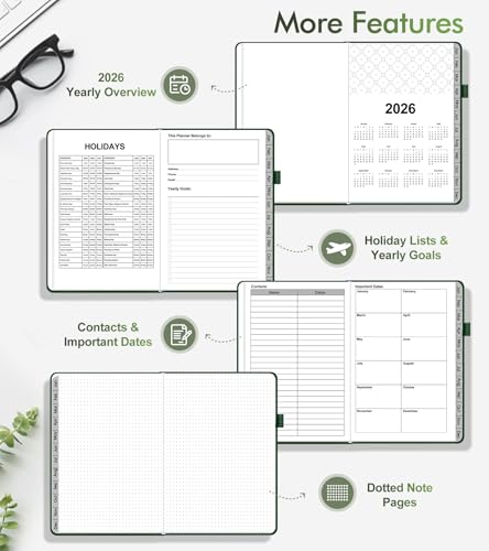 2026 Weekly & Monthly Planner, 12 Months Hardcover Planner from January 2026 - December 2026, Leather Agenda Organizer Book 2026 with Tabs, Daily Calendar Planners for Work School Home, A5 (5.75" x 8.38"), Green - color: Green