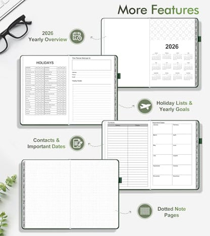 2026 Weekly & Monthly Planner, 12 Months Hardcover Planner from January 2026 - December 2026, Leather Agenda Organizer Book 2026 with Tabs, Daily Calendar Planners for Work School Home, A5 (5.75" x 8.38"), Green - color: Green