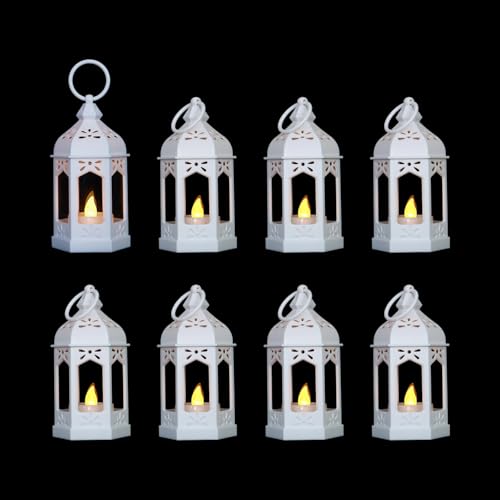 LLQ 8 Pcs Mini Lantern Decor Moroccan Lantern with Flickering LED Candle Table Centerpiece Small Vintage Wedding Hanging Lamp Ornaments Bulk for Wedding Halloween Christmas Party (5 Inch,White) - color: Pure White