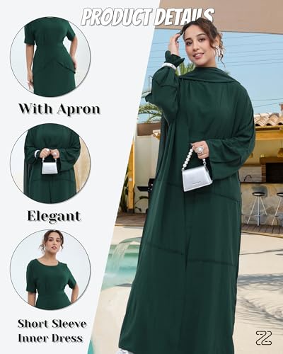 Abaya Muslim Prayer Dress Set Ramadan Open Front Islamic Clothing 3pcs Prayer Robe with Waist Apron Loose Flowy - color: Dark Green, size: Large