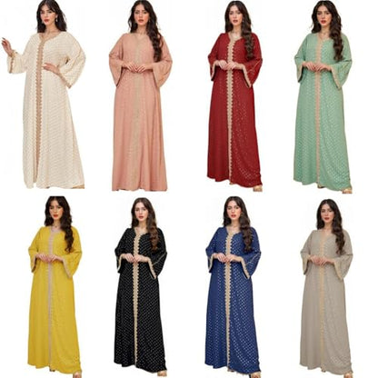Women Muslim Abaya Dress V Neck Embroidered Kaftan Long Sleeve Loose Islamic Maxi Prayer Robe for Ramadan Eid - color: Green, size: Large