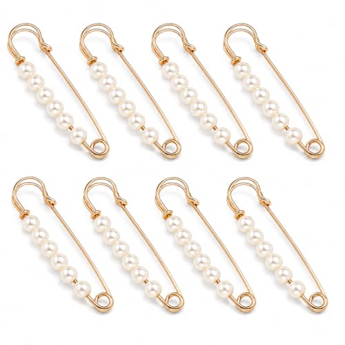 8Pcs Large Faux Pearl Safety Pin Brooch Gold 7.5cm(2.95'')