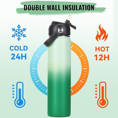 Fijinhom 24oz Insulated Stainless Steel Water Bottle, Wide Mouth Double Wall Vacuum, Silicone Straw, Sweat & Leak Proof, BPA Free Insulated Water Flask for Travel, Green Gradient - color: Green Gradient, size: 24 Ounces