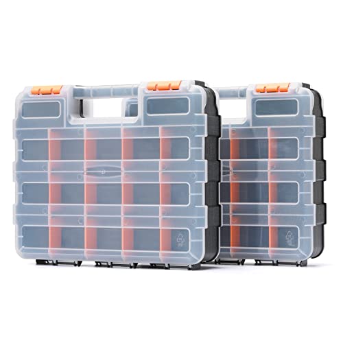 Mayouko Double Side Tools Organizer, Customizable Removable Plastic Dividers, Hardware Box Storage, Excellent for Screws,Nuts,Small Parts, 34-Compartment,2 PCS Set,12.6"L x 10.6"W x 3.2"H - color: Orange, size: 2 PCS