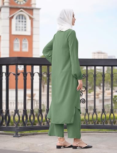 Muslim Clothes for Women 2 Piece Set Long Sleeve Button Down Shirt and Pants Ramadan Abaya Dress Islamic Dubai Outfits - color: Green, size: X-Large