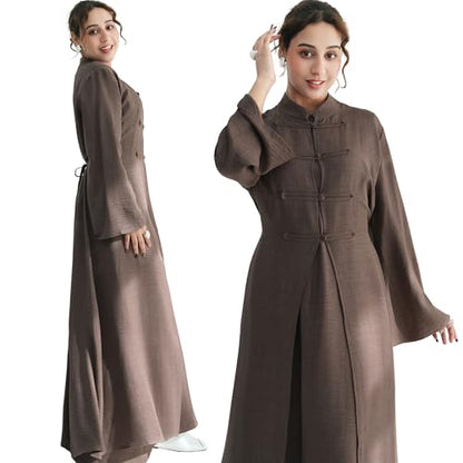 Lenmipot Elegant Middle Eastern Abaya 2pcs Stand Collar Maxi Dress for Women Muslim Jilbab Kaftan Eid Dubai Abaya Outfits - color: Mochaa, size: Large