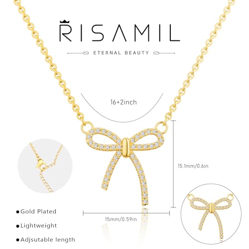 Risamil 여성용 골드 목걸이 - 리본 목걸이 14K 앙증맞은 골드 목걸이 귀엽고 작은 나비 펜던트 초커 체인 목걸이 트렌디 목걸이 여성용 골드 주얼리 선물 - color: 리본 목걸이-9