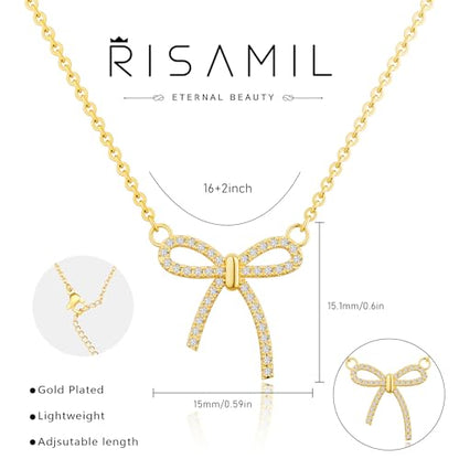 Risamil 여성용 골드 목걸이 - 리본 목걸이 14K 앙증맞은 골드 목걸이 귀엽고 작은 나비 펜던트 초커 체인 목걸이 트렌디 목걸이 여성용 골드 주얼리 선물 - color: 리본 목걸이-9