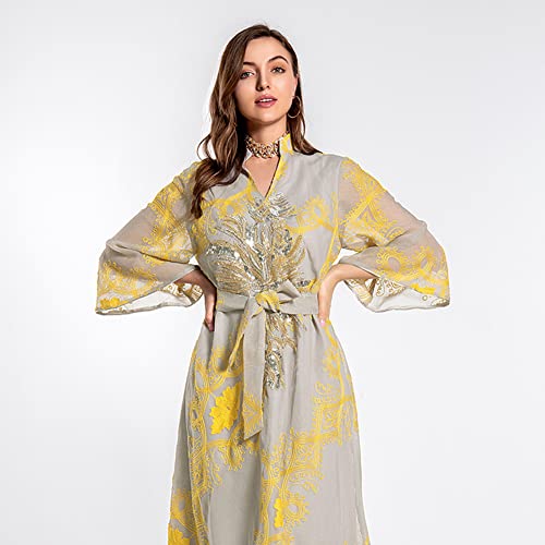 OBEEII Abayas for Women Muslim Applique Embroidery Long Sleeve Maxi Dress Loose Full Cover Islamic Dubai Robe Kaftan Abayas - color: Yellow, size: XX-Large