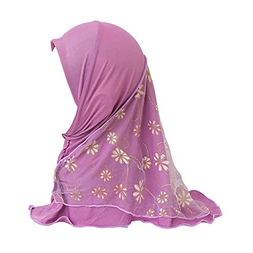 Girls Ice Silk Muslim Khimar Hijab Headscarf Flower Arab Scarf Shawls Neck Wrap Islamic Head Wrap for Age 2-7 Years - color: Style 2-light Purple