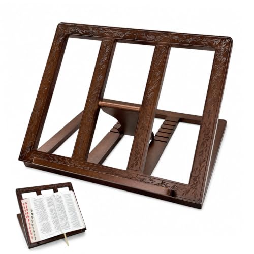 Onism Wooden Bible Stand, Carved Cross, Adjustable Beechwood Book Holder